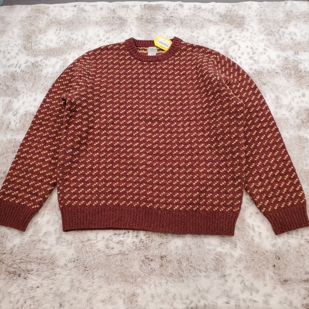 NEW LL Bean Men's XL Lambswool Ragg Crew‎ Neck Sweater Burnt Mahogany Birdseye